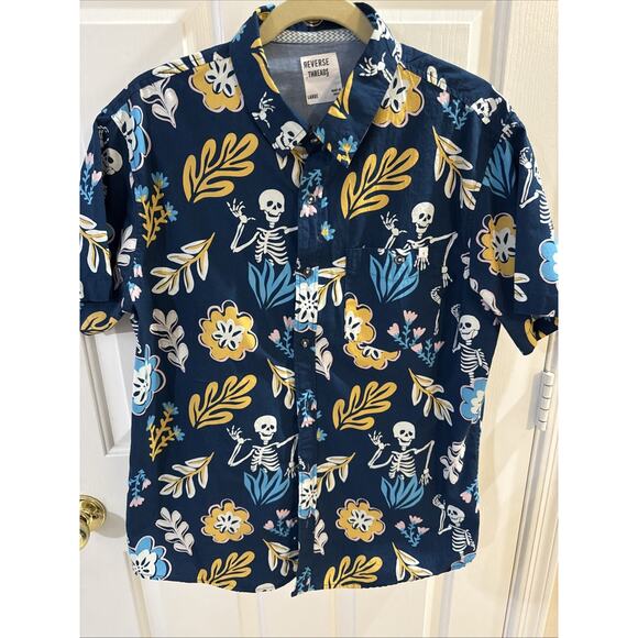 Rare Reverse Threads Floral Skeletons Button Down Men’s Size Large EUC - Picture 1 of 10